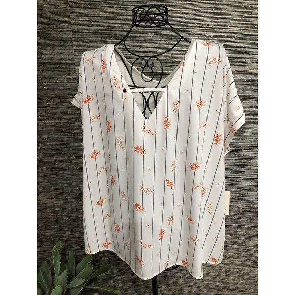 2X Plus Floral Striped Top Blouse Short Sleeve - Picture 1 of 7